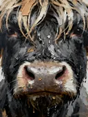 Schilderij: hooglander in houtskool met geel
