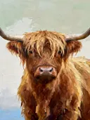 Schilderij: hooglander in mist gehuld met vuurrood