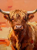 Schilderij: hooglander in terracotta met oranje