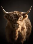 Studiofoto van hooglander met de tong uit in diepzwart, tegen een achtergrond in diepzwart