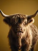 Studiofoto van hooglander met de tong uit in mosterd, tegen een achtergrond in mosterd