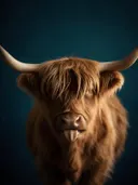 Studiofoto van hooglander met de tong uit in petrolblauw, tegen een achtergrond in petrolblauw
