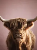 Studiofoto van hooglander met de tong uit in poederroze, tegen een achtergrond in poederroze