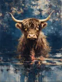 Schilderij: hooglander uitgeveegd in marineblauw met kobaltblauw