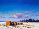 Landschapsschilderij, hooibalen in het late licht in de sneeuw
