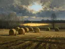 Landschapsschilderij, hooibalen in het late licht in gebroken licht