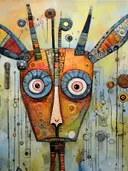 Schilderij van een gehoornd dierenmasker in oranje met blauwe ogen