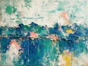 Kleurvelden schilderij, horizon in fel jade