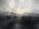 Nevel schilderij, horizon in Ravenzwart en Parelmoer