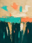 Paletmes abstract schilderij, horizon in turkoois en zand
