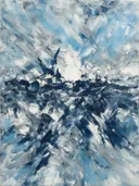 Action painting schilderij, horizon (sweep) in zilver en ijsblauw