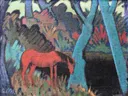 Horse at Black Water van Otto Mueller: dieren met paard, water, bomen en oever, in fel rood en turquoise