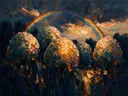 Hortensia aan de bosrand in groenroze, schilderij van hortensia tegen de lucht