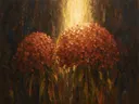 Hortensia aan de bosrand in roest, schilderij van hortensia tegen de lucht