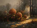 Hortensia aan de bosrand in terracotta, schilderij van hortensia aan de bosrand