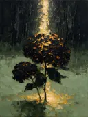 Hortensia aan de bosrand in zwartgoud, schilderij van hortensia aan de bosrand