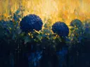 Hortensia aan de oever in blauwgeel, schilderij van hortensia onder de hemel