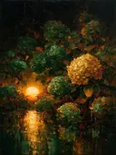 Hortensia aan de oever in bosgroen, schilderij van hortensia onder de hemel
