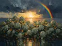 Hortensia aan de oever in saliegrijs, schilderij van hortensia aan de oever