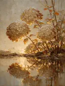 Hortensia aan de oever in zandduin, schilderij van hortensia onder de hemel