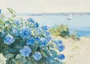 Schilderij van hortensia's met zeegezicht