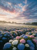 Landschapsfoto van hortensia bij de ochtendmist, met een kudde schapen