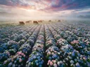 Landschapsfoto van hortensia bij de ochtendmist, met een kudde Schotse Hooglanders