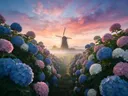 Landschapsfoto van hortensia bij de ochtendmist, met een windmolen in de verte