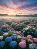 Landschapsfoto van hortensia bij de ochtendmist, met een stoomtrein in de verte