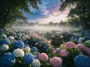 Landschapsfoto van hortensia bij de ochtendmist, met een oude waterput