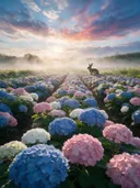 Landschapsfoto van hortensia bij de ochtendmist, met een konijn