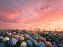 Landschapsfoto van hortensia bij de zonsondergang, met een houten hek