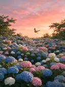 Landschapsfoto van hortensia bij de zonsondergang, met een torenvalk