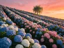 Landschapsfoto van hortensia bij de zonsondergang, met een treurwilg