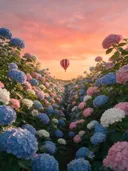 Landschapsfoto van hortensia bij de zonsondergang, met een luchtballon boven de horizon