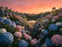 Landschapsfoto van hortensia bij de zonsondergang, met een reiger