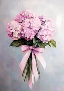 Schilderij van een hortensia boeket met roze lint