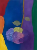 Schilderij van hortensia in alle kleuren van de regenboog, in vlakke kleurvlakken