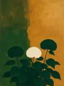 Schilderij van hortensia in amber en flessengroen, in vlakke kleurvlakken