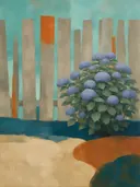 Schilderij van hortensia in aqua en warm grijs, in vlakke kleurvlakken