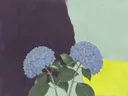 Schilderij van hortensia in aubergine en mint, in vlakke kleurvlakken