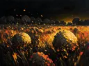 Hortensia in de weide in antracietkoraal, schilderij van hortensia