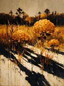 Hortensia in de weide in saffraan, schilderij van hortensia onder een storm