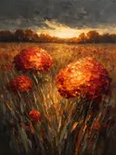 Hortensia in de weide in vuur, schilderij van hortensia onder een storm