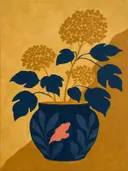 Schilderij van hortensia in delfsblauw en mosterd, in vlakke kleurvlakken