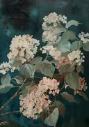 Schilderij van hortensia bloemen op een donkere achtergrond