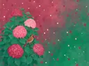 Schilderij van hortensia in framboos en jade, in vlakke kleurvlakken