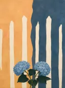 Schilderij van hortensia in grijsblauw en abrikoos, in vlakke kleurvlakken