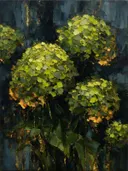 Hortensia in groepjes in limoen, schilderij van hortensia aan de bosrand