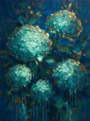 Hortensia in groepjes in turkoois, schilderij van hortensia